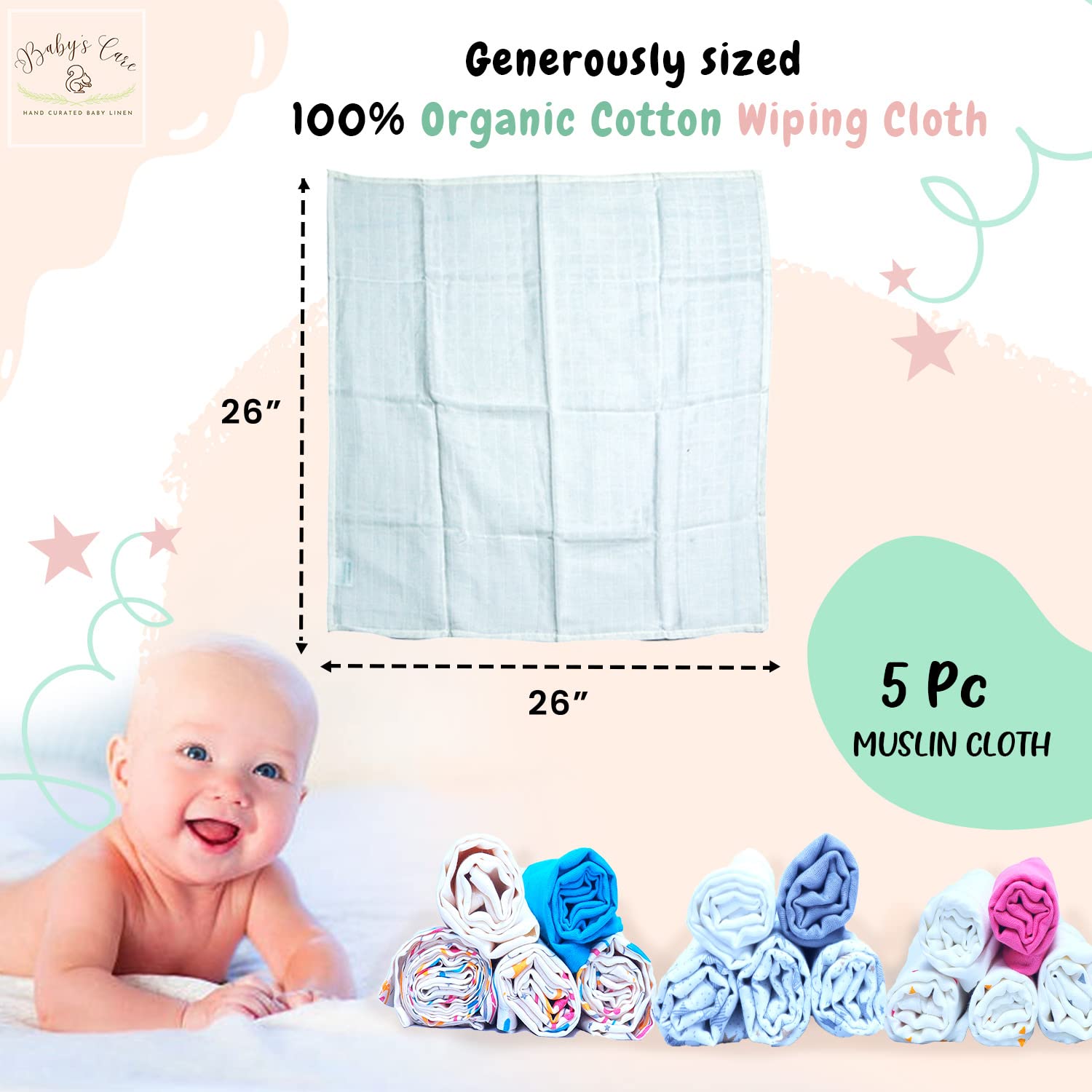 BABYS CARE Muslin Burp Cloth Pack of 5 | 100% Organic Cotton | Versatile Use Washcloth Face Cloth Cleaning Mess | Lightweight Baby Towel | Handy for Changing Cleaning Feeding Baby | 26"x26" | Rainbow - Image 8